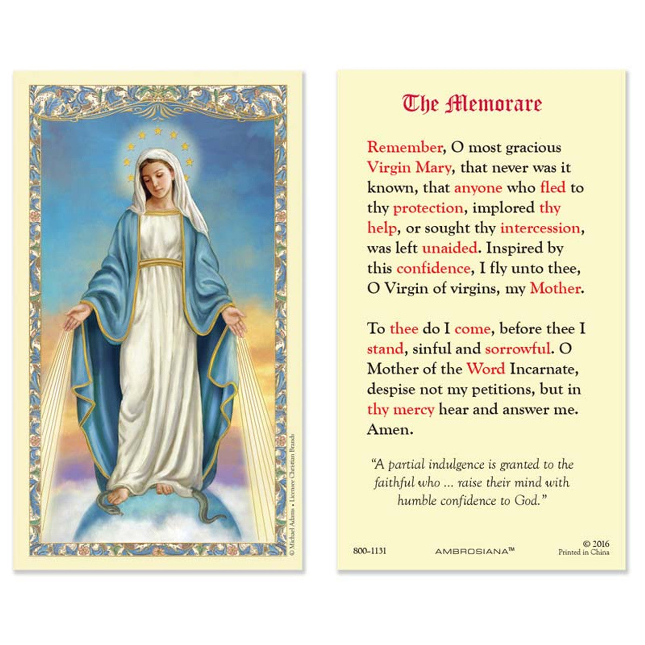 Our Lady of Grace - The Memorare Laminated Holy Card - 25/pk