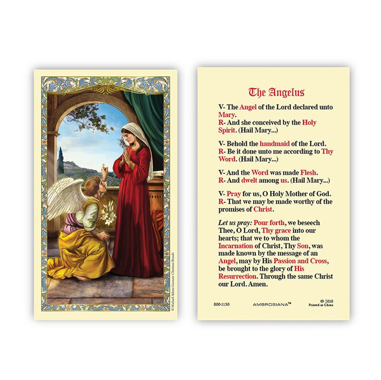 The Annunciation - The Angelus Laminated Holy Card - 25/pk