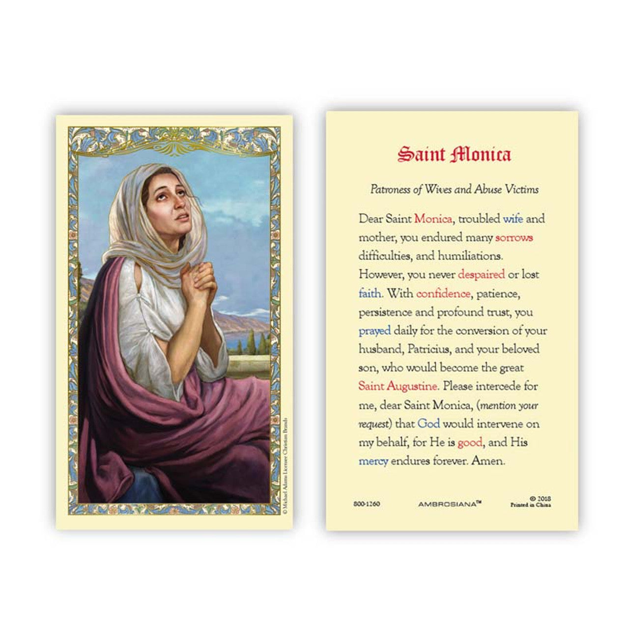 Saint Monica Laminated Holy Card - 25/pk