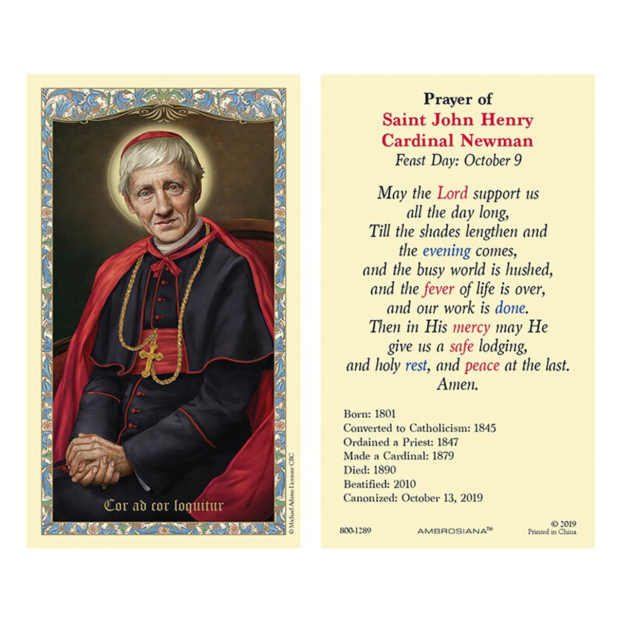 Saint John Henry Cardinal Newman Laminated Holy Card - 25/pk