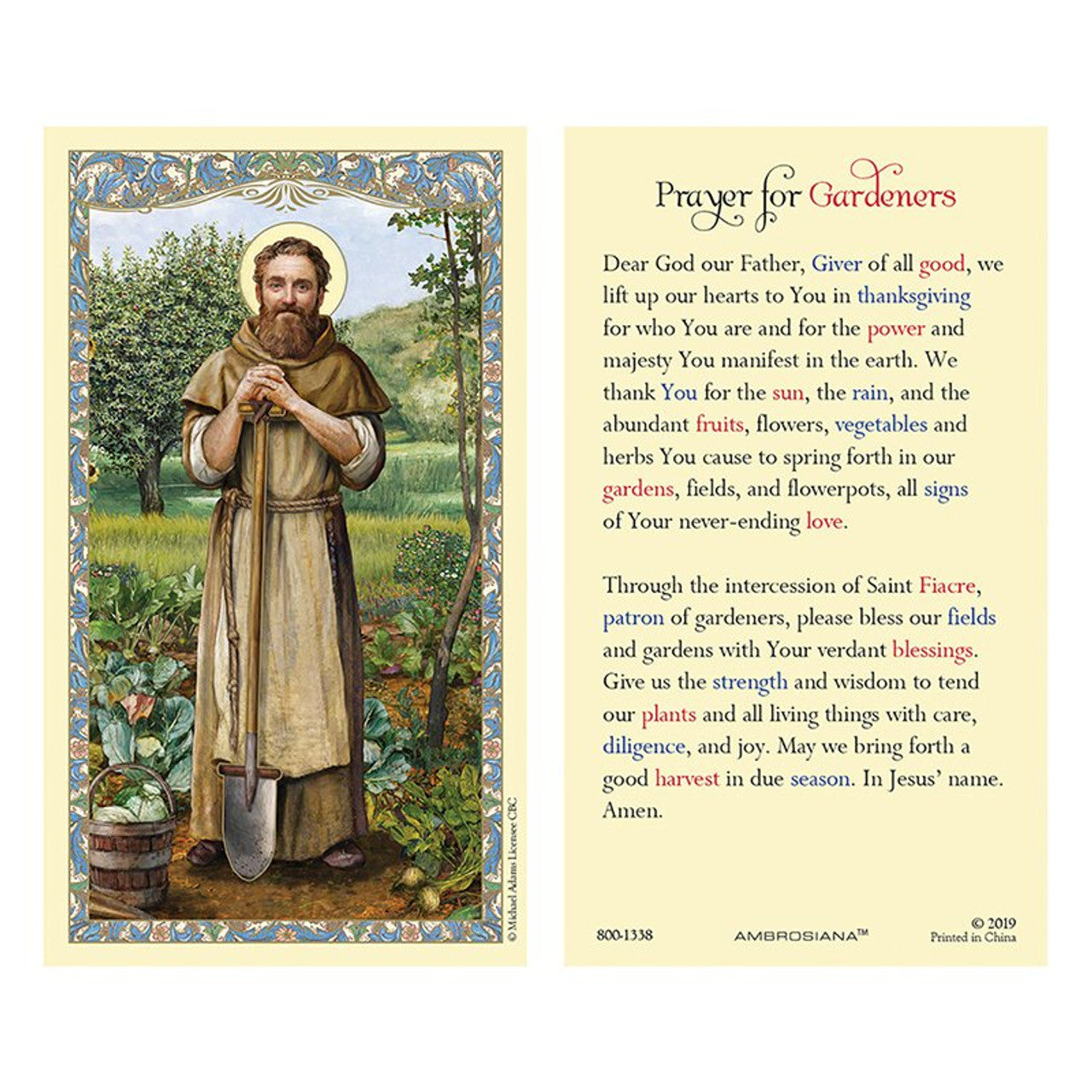 Saint Fiacre Laminated Holy Card - 25/pk