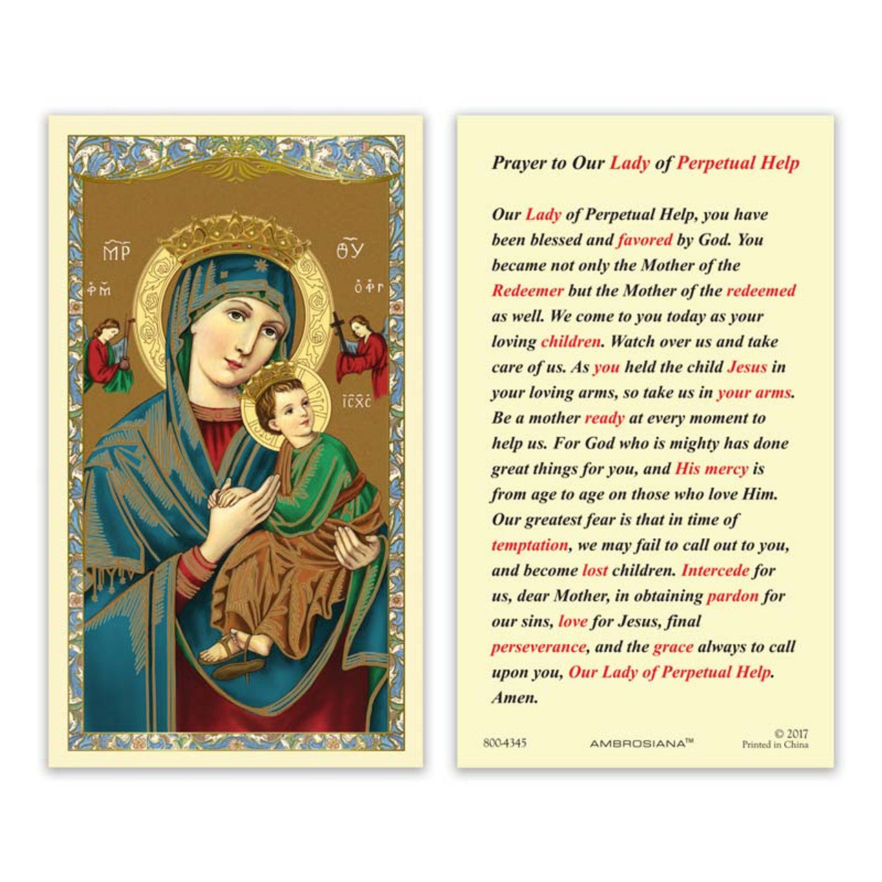 Our Lady of Perpetual Hope Laminated Holy Card - 25/pk