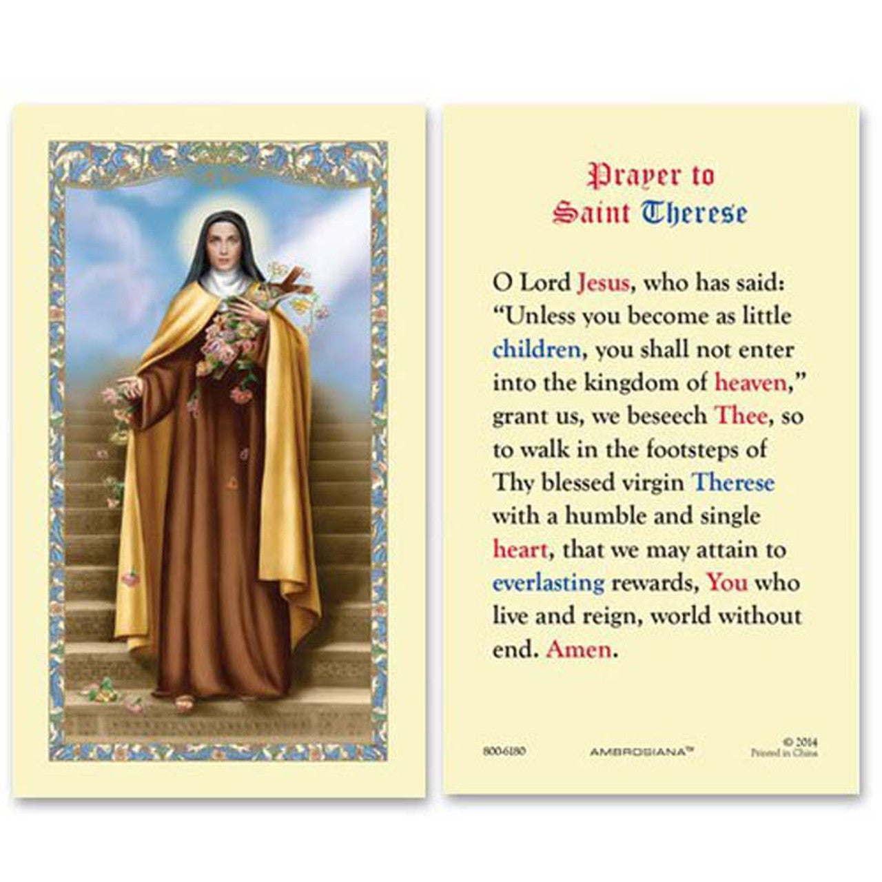 Saint Therese Laminated Holy Card - 25/pk