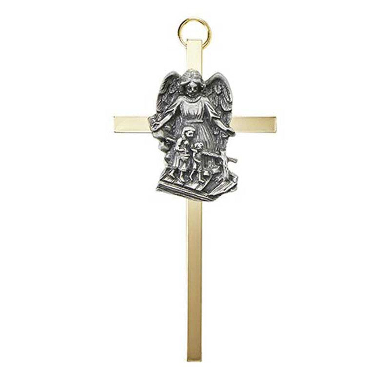 4.25" H Brass Cross with Emblem - Guardian Angel