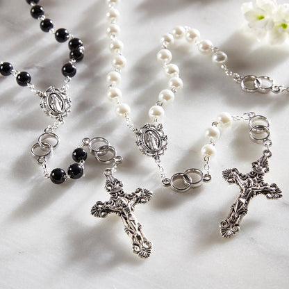 White Wedding Rosary With Special Intertwining Rings