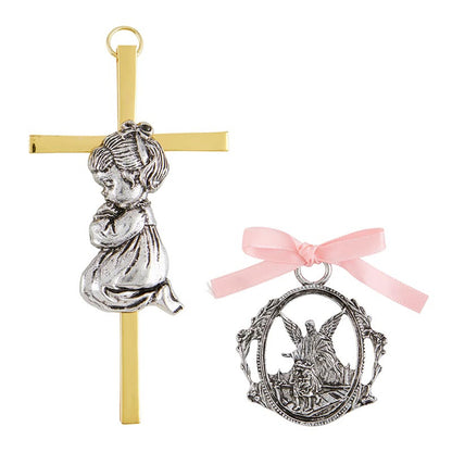 Girl Cross with Guardian Angel Crib Medal Set