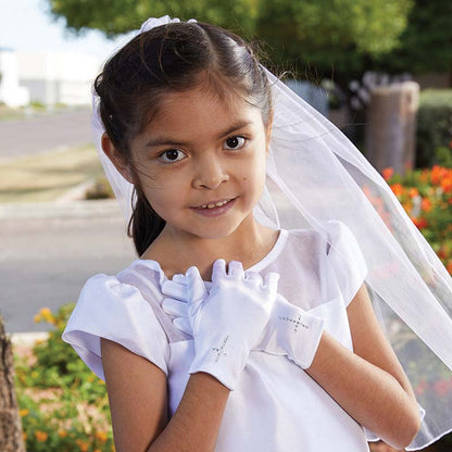 First Communion Satin Gloves w/ Pearl Cross