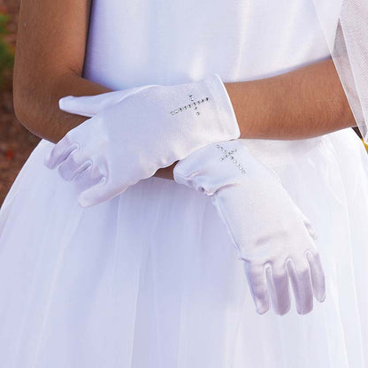 First Communion Satin Gloves w/ Pearl Cross