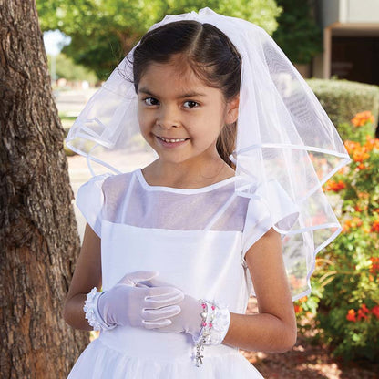 Satin Bow Head Band w/ Pearl Cross First Communion Veil