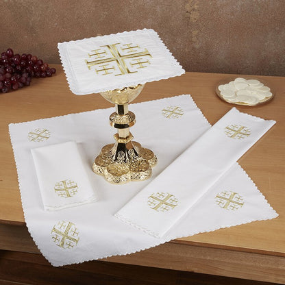 Jerusalem Cross Altar Linen Gift Set (Purificator, Corporal, Chalice Pall and Lavabo Towel)