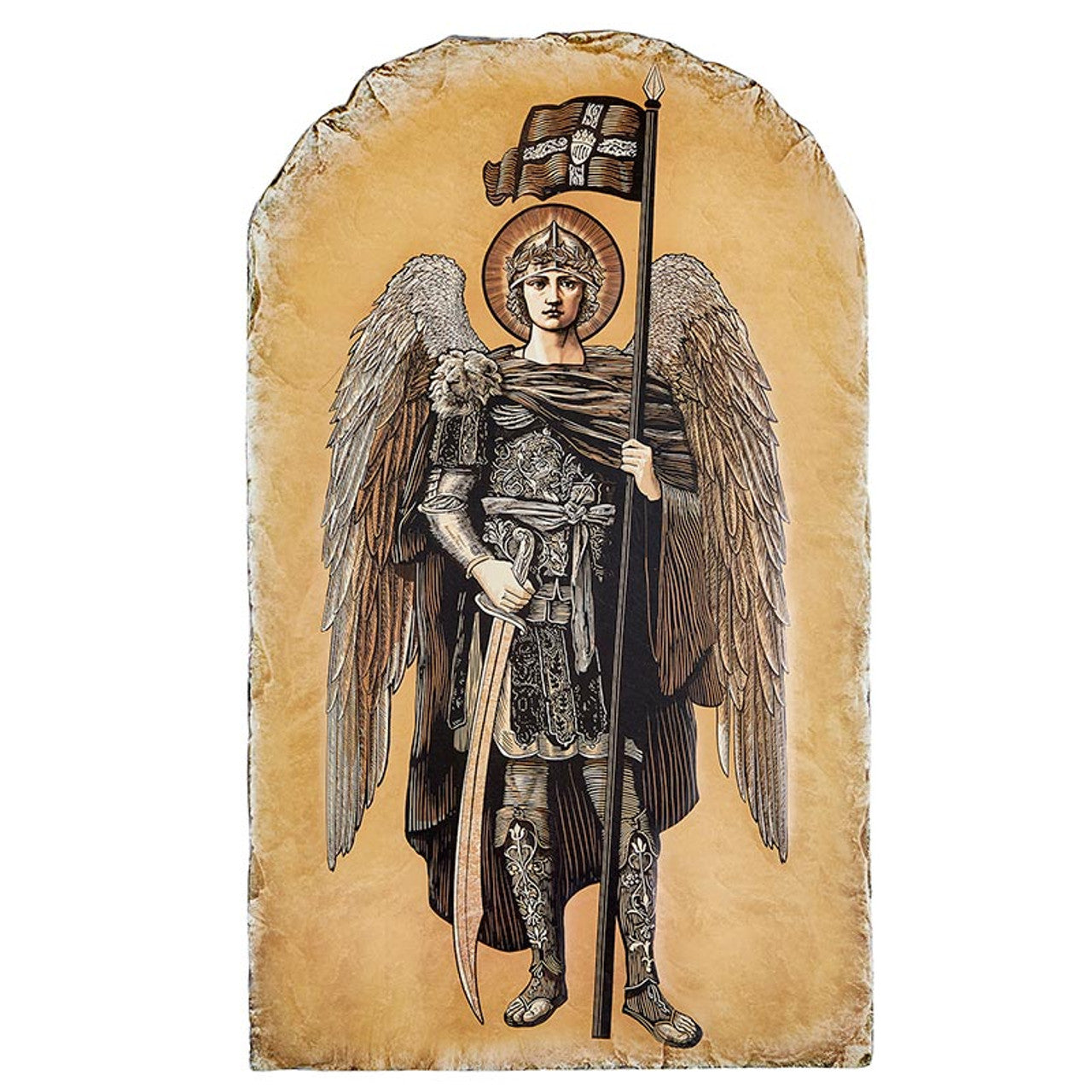 Arched Tile Plaque - Saint Michael Sepia