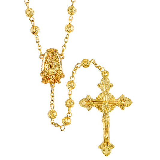 Gold Rosebud Bead Rosary With Our Lady Of Guadalupe Center