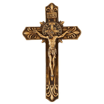 9" H Saint Benedict Antique Gold Fleur-De-Lis Wall Crucifix