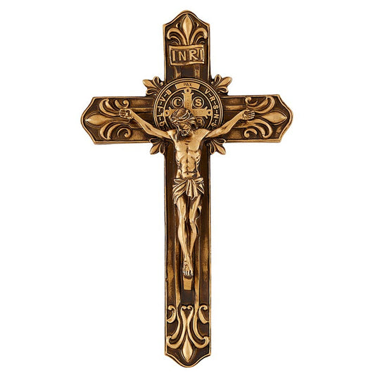 9" H Saint Benedict Antique Gold Fleur-De-Lis Wall Crucifix