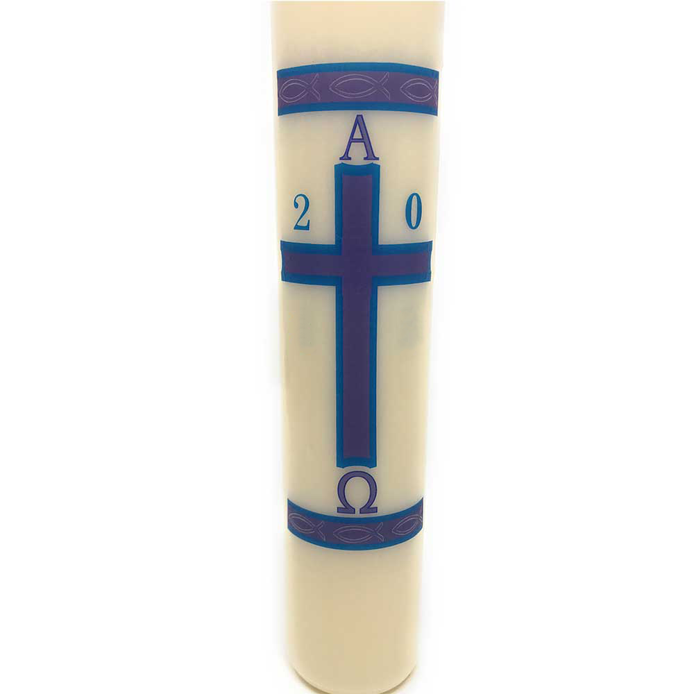 Blue & Purple Cross with Fish Paschal Candle